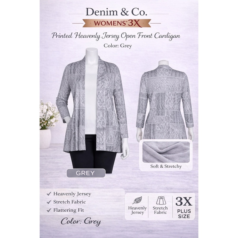 Denim & Co Womens 3X Printed Heavenly Jersey Open‎ Front Cardigan Grey A271578